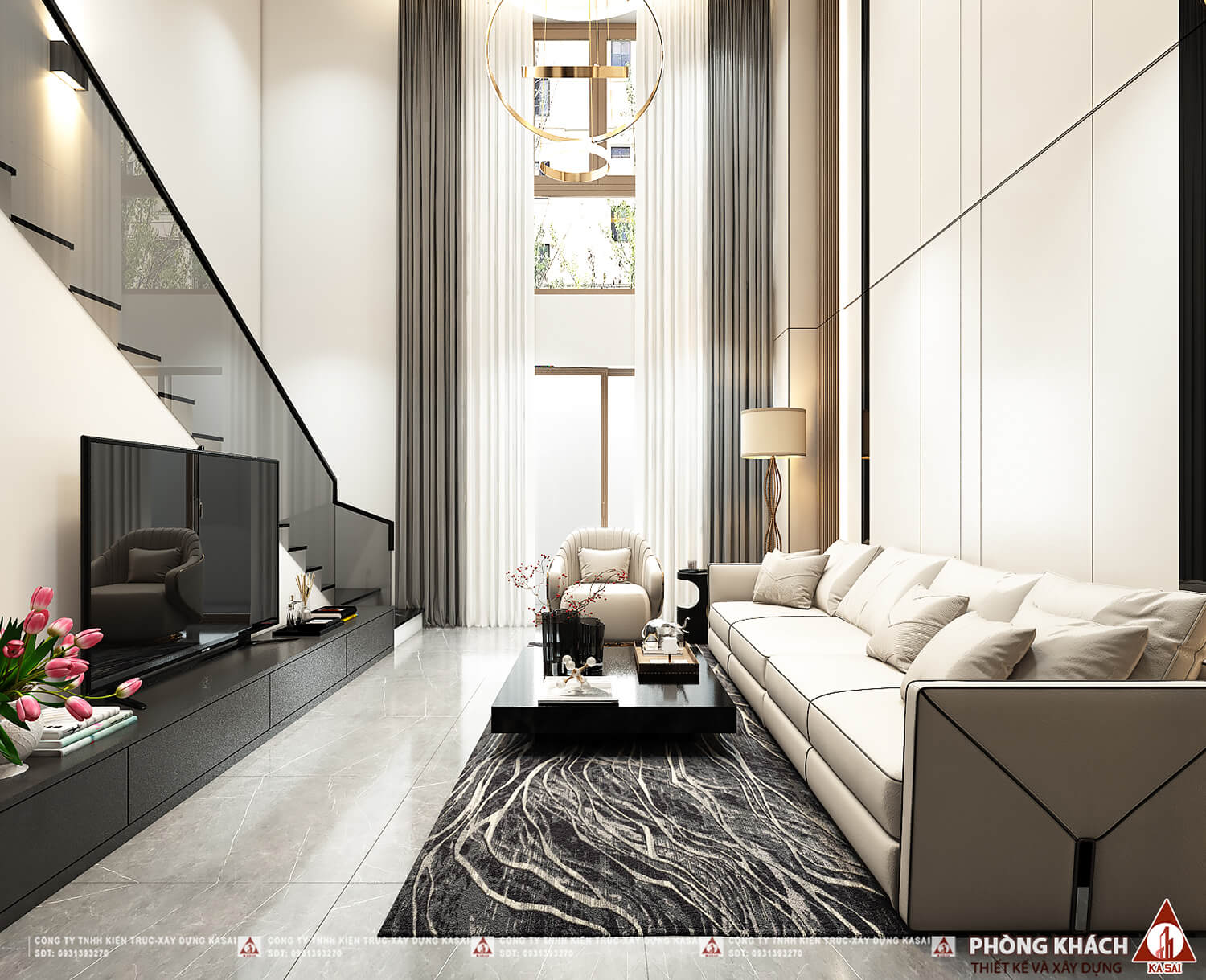 Phòng khách nhà 5 tầng có gác lửng