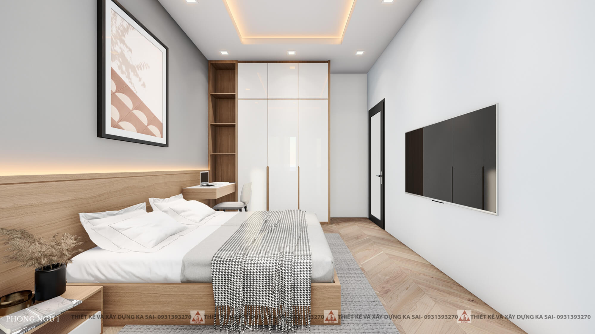 Phòng ngủ 1 bản vẽ 3d nhà 5x20 3 tầng