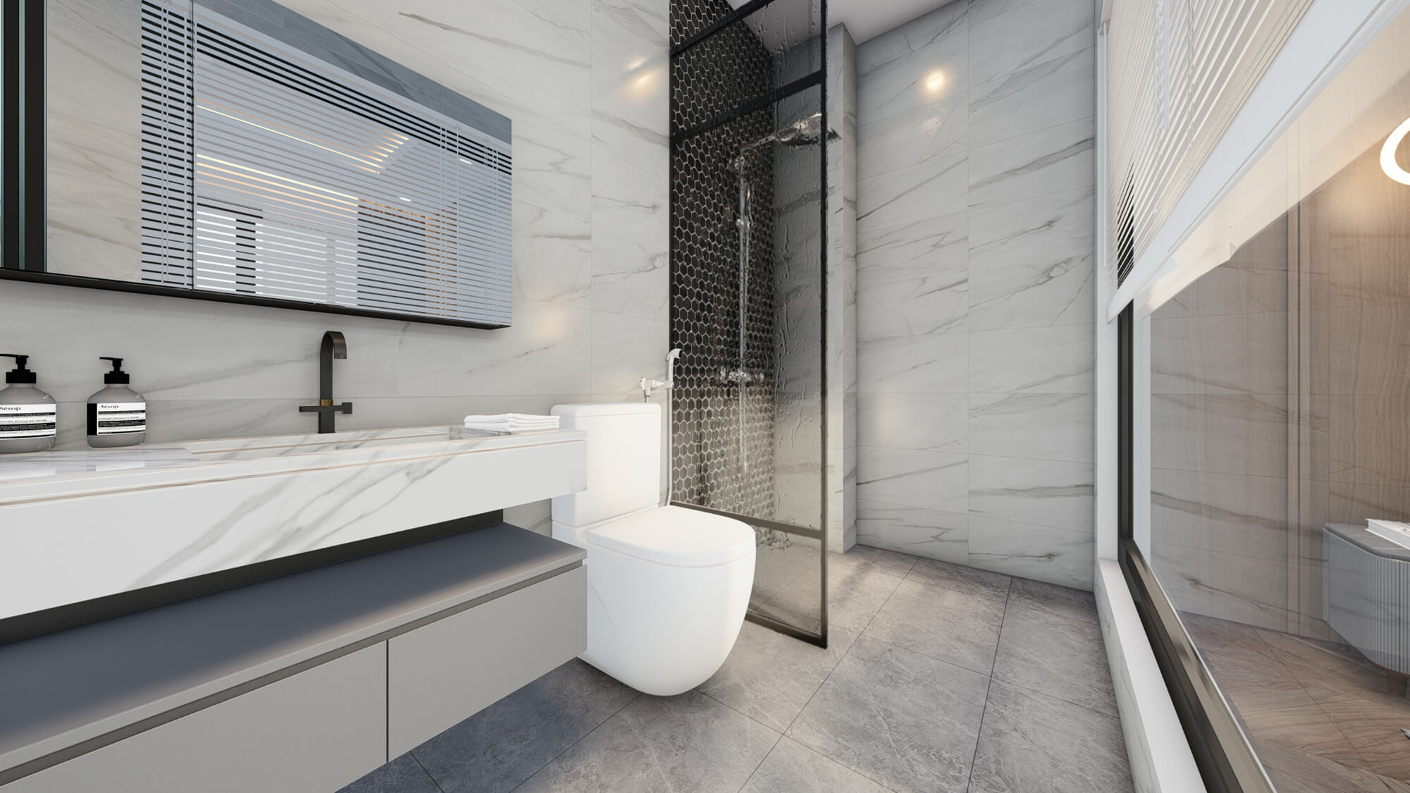 Phòng wc bản vẽ 3d nhà 5x20 3 tầng