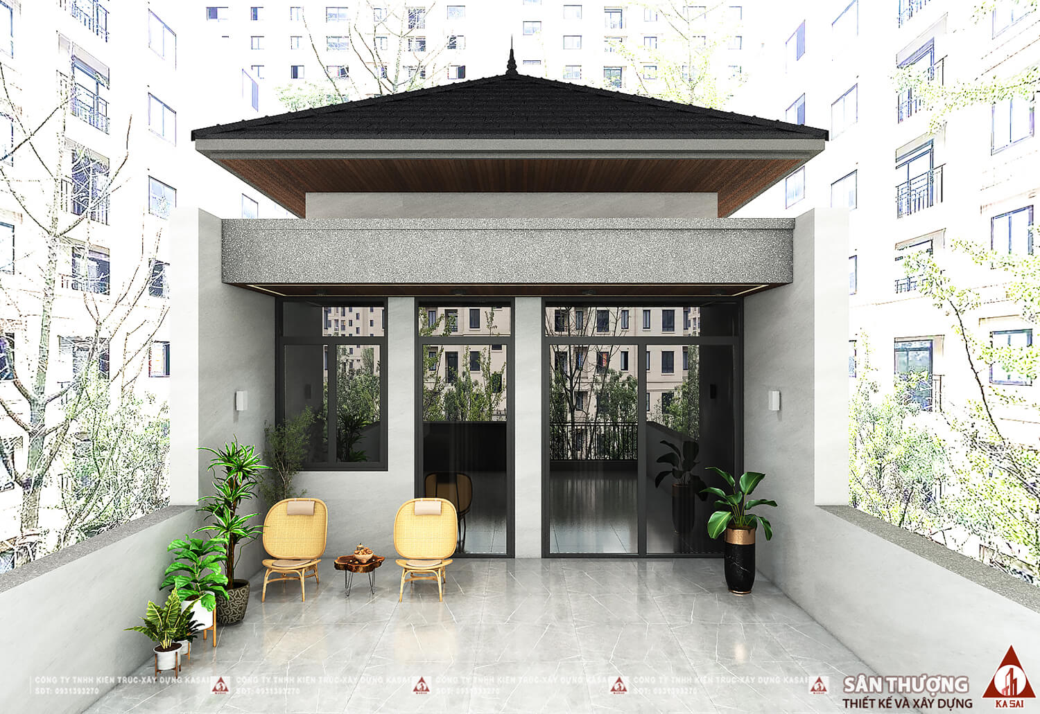 Sân thượng nhà 2 tầng mặt tiền 6m mái Nhật