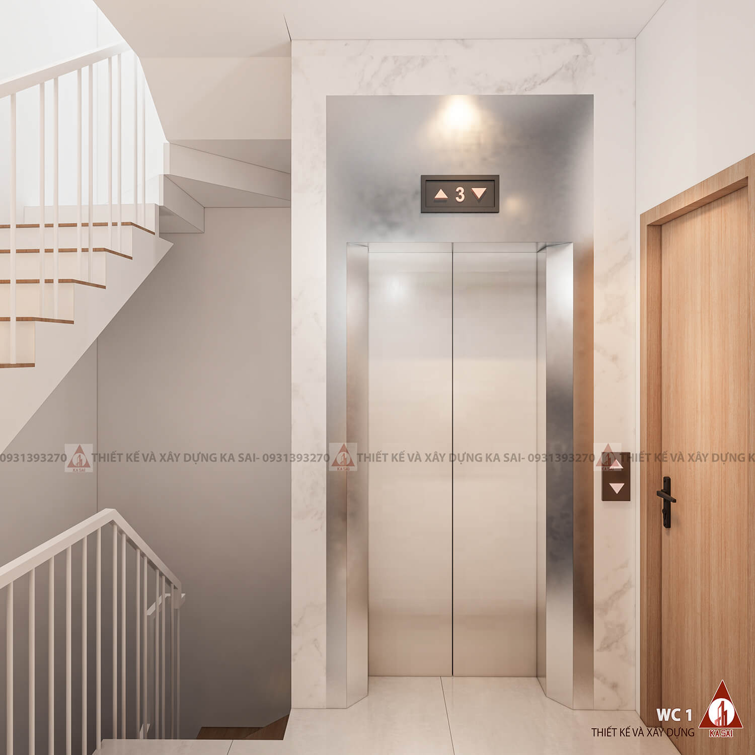 Sảnh thang nhà phố 4x10 6 tầng tân cổ điển