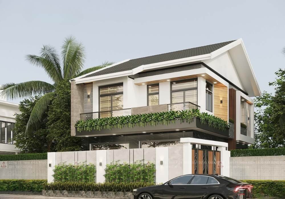 Thiết kế nhà ngang 8m dài 14m 2 tầng hiện đại với mái lạ