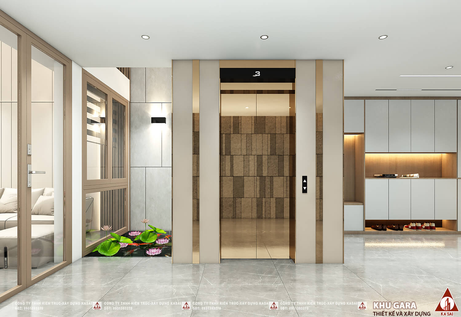 Tiểu cảnh gara nhà 5 tầng có gác lửng