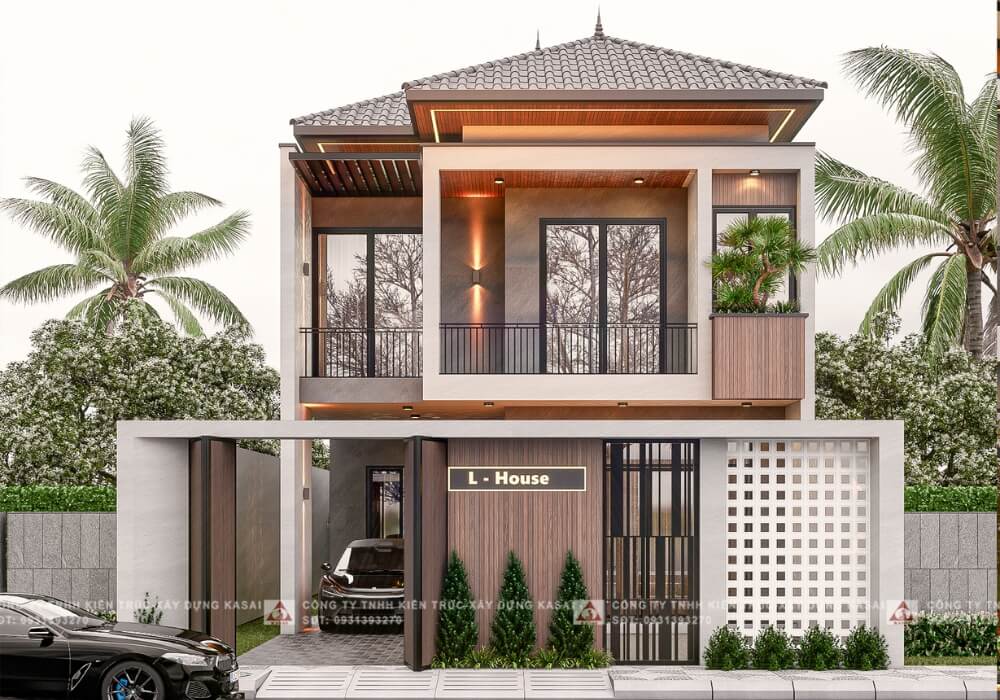 Mẫu nhà 9x15m 2 tầng thiết kế kiểu chữ L với mái Nhật tinh tế