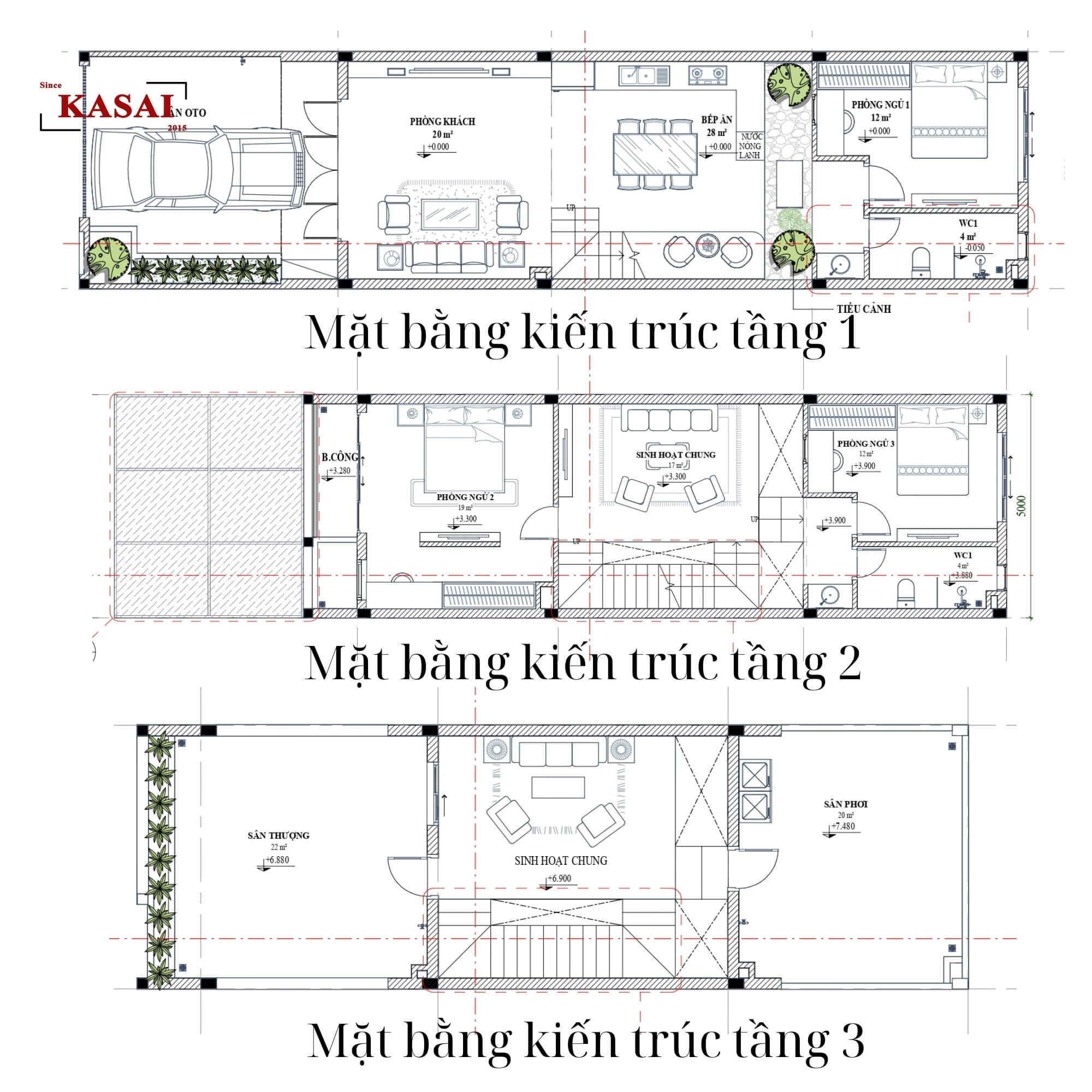Bản vẽ nhà 3 tầng 5x20m có giếng trời