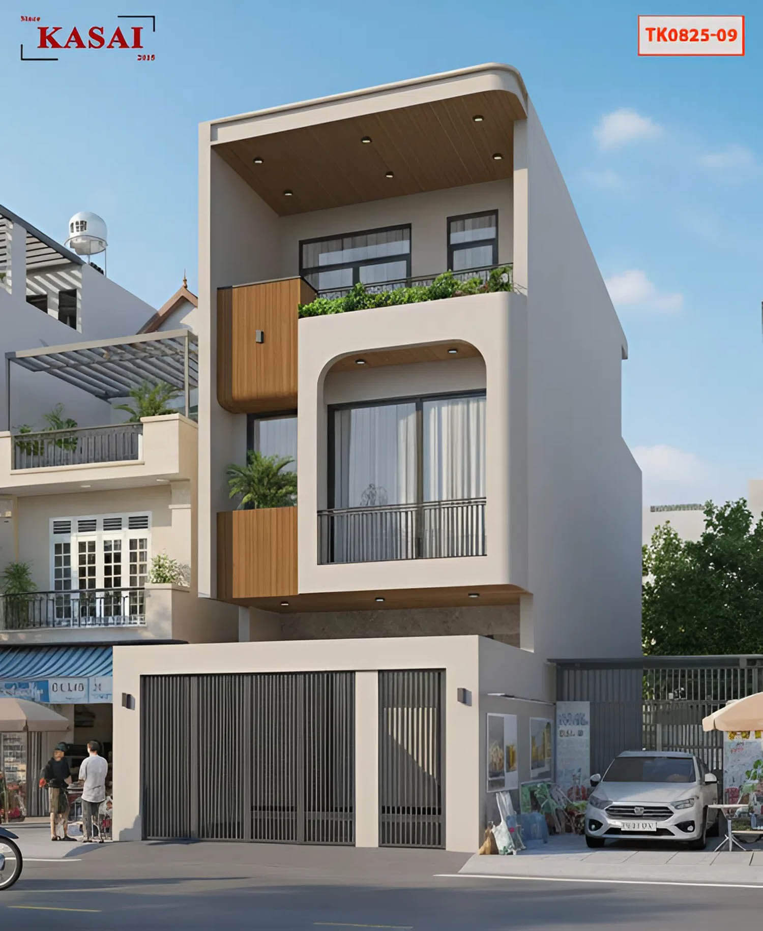 Mẫu nhà 1 trệt 2 lầu 5×20 bo góc cực đẹp hiện đại xanh mát