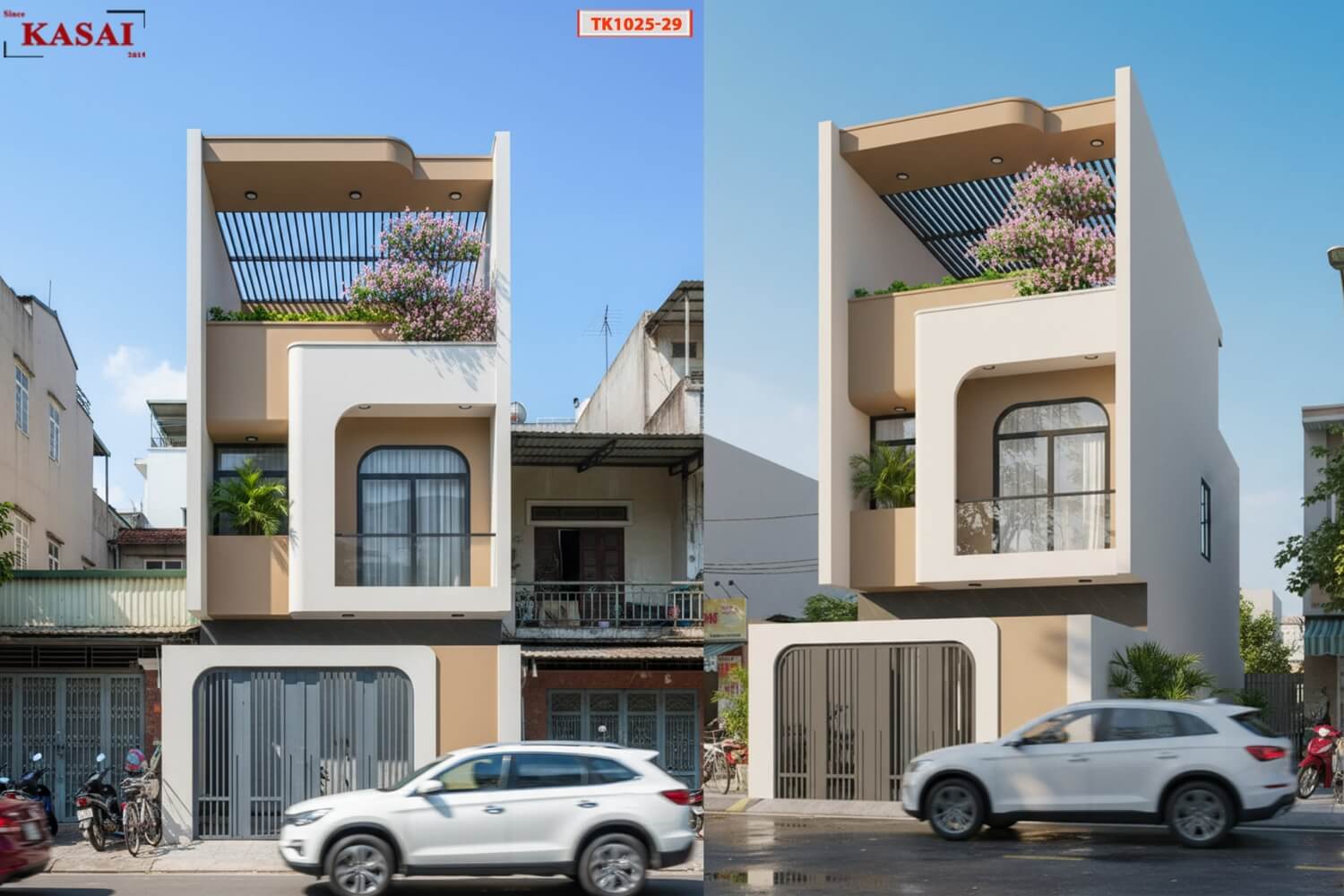 Mẫu nhà 1 trệt 2 lầu 5×20 bo góc cực đẹp hiện đại xanh mát