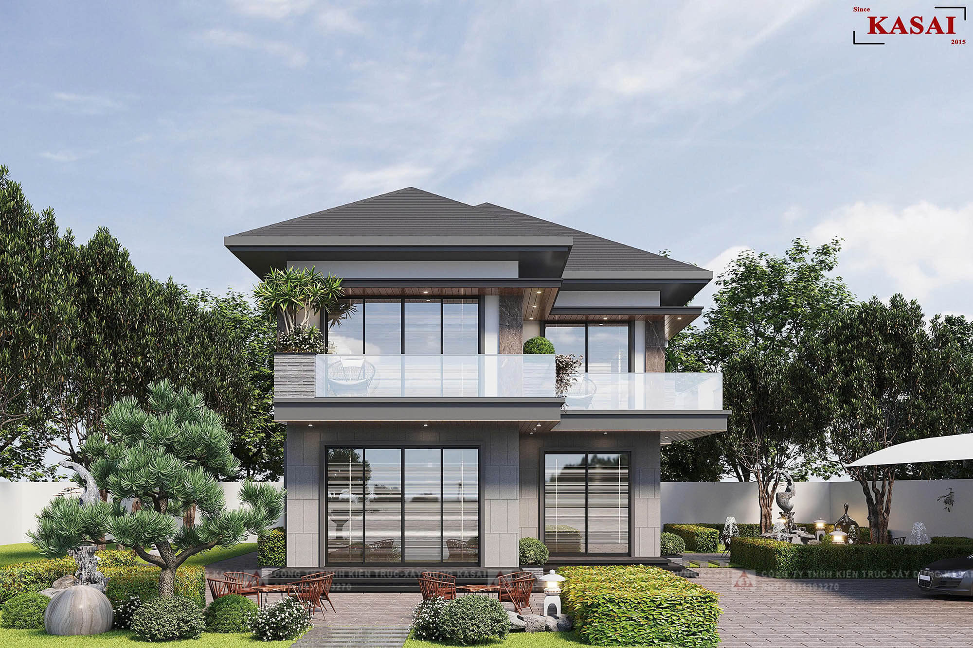 Mẫu nhà 9x15m 2 tầng thiết kế kiểu chữ L với mái Nhật tinh tế