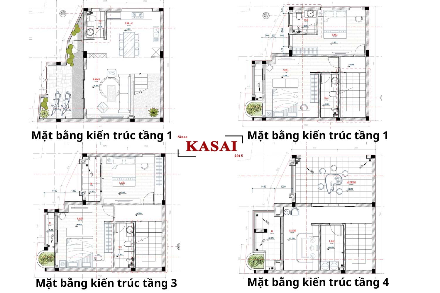 Bản vẽ thiết kế nhà 4 tầng mặt tiền 8m