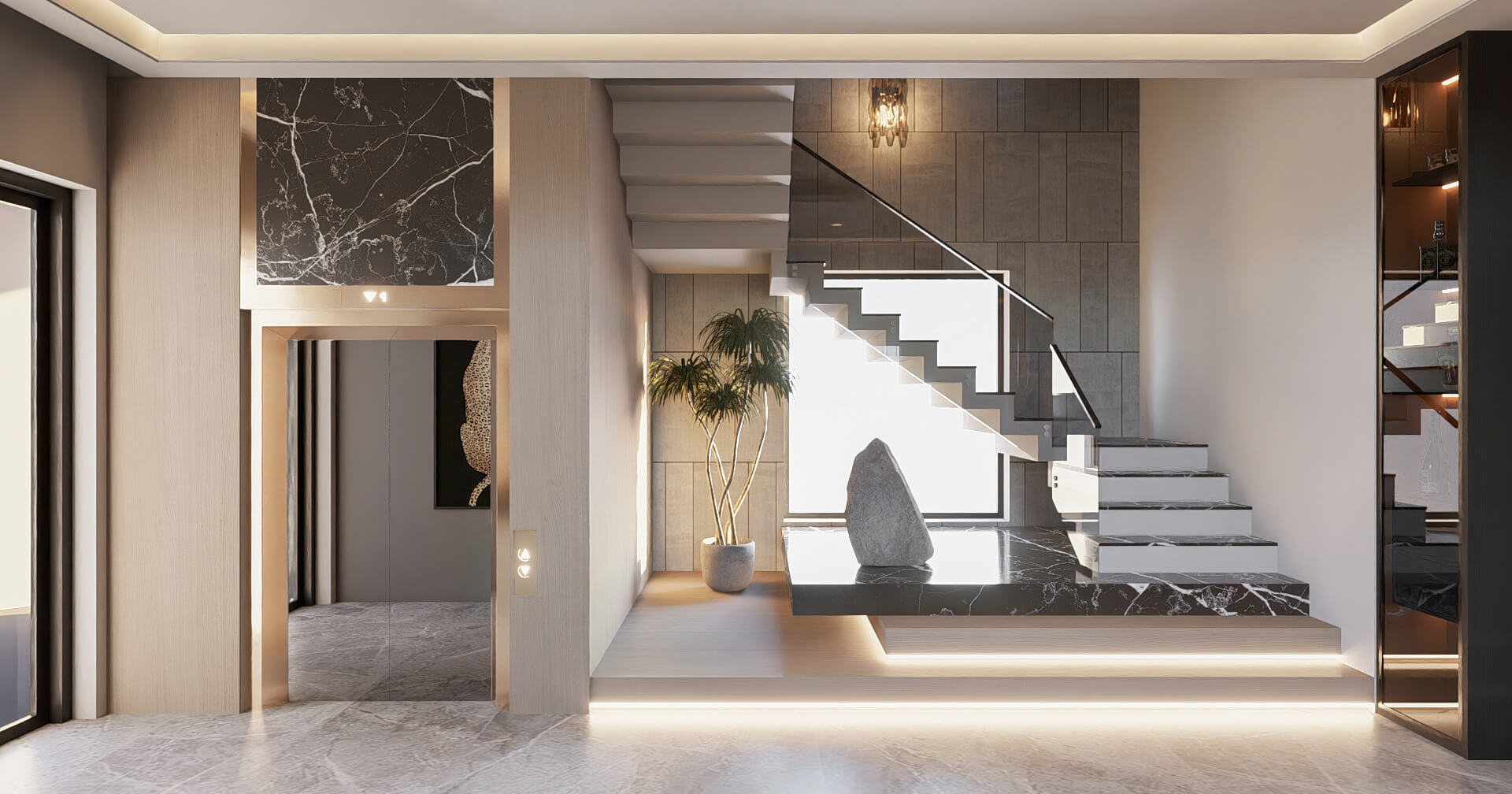 Cầu thang biệt thự mái Nhật 3 tầng đẹp