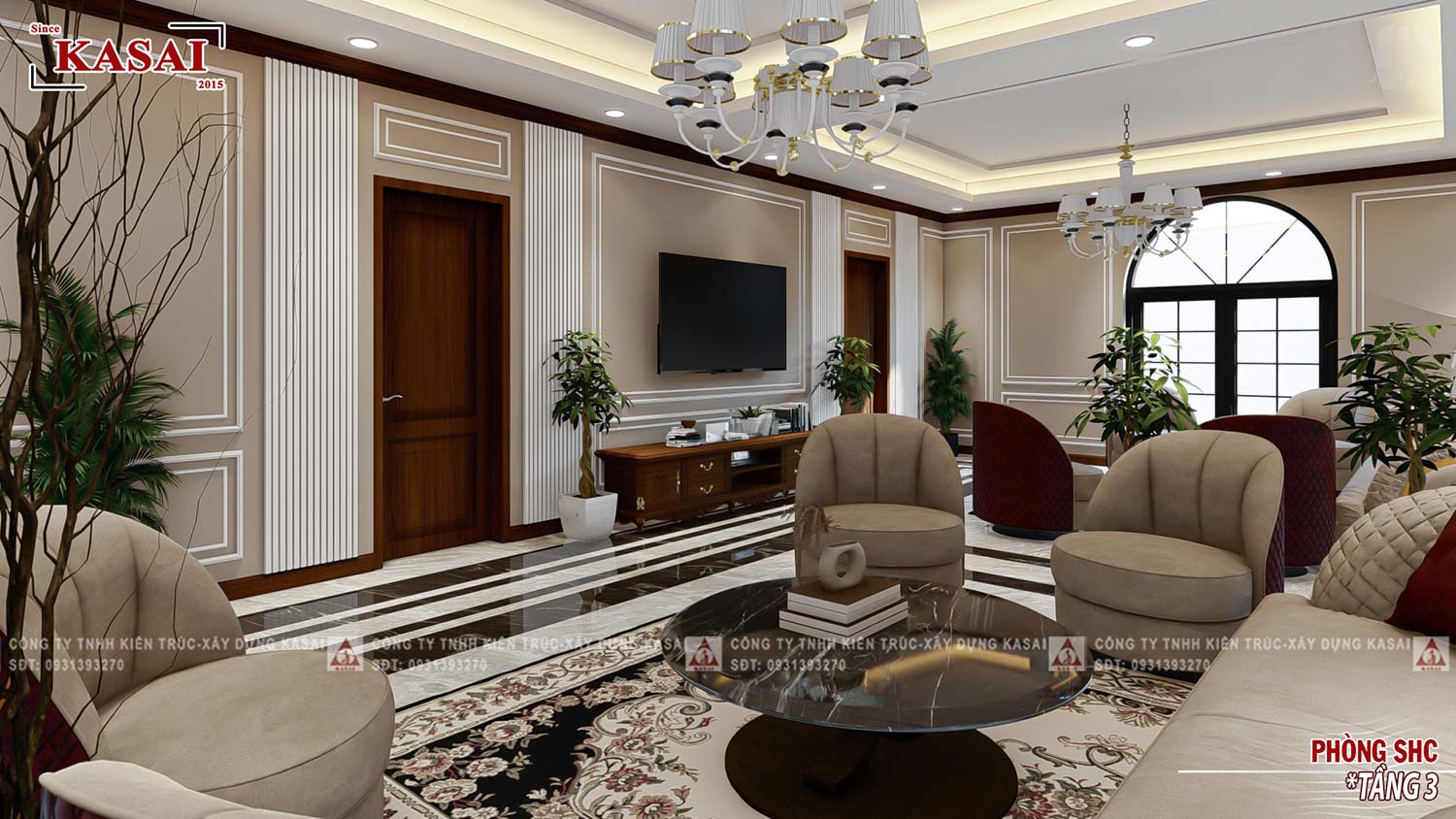 Phòng sinh hoạt chung biệt thự tân cổ điển 3 tầng 600m2