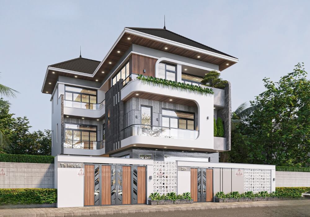 Biệt thự 3 tầng mái Nhật đẹp hiện đại sau những đường cong