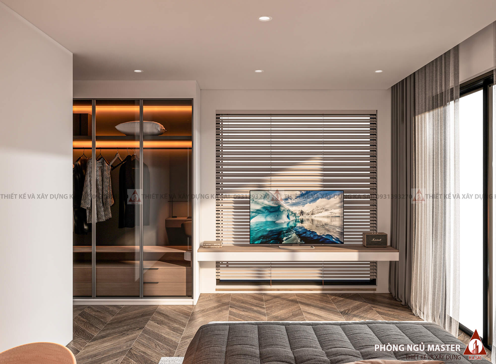 Phòng ngủ master biệt thự 3 tầng mái Nhật đẹp hiện đại