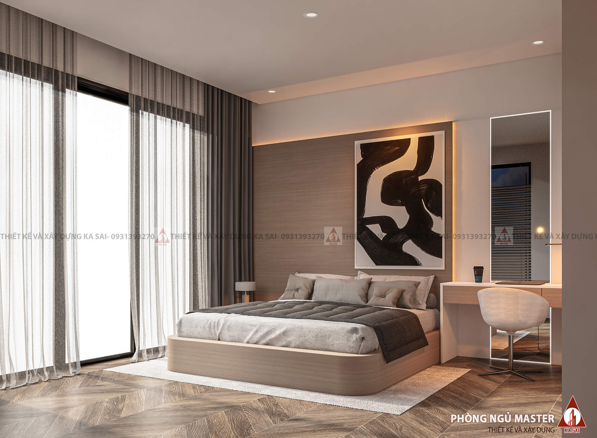 Phòng ngủ master biệt thự 3 tầng mái Nhật đẹp hiện đại
