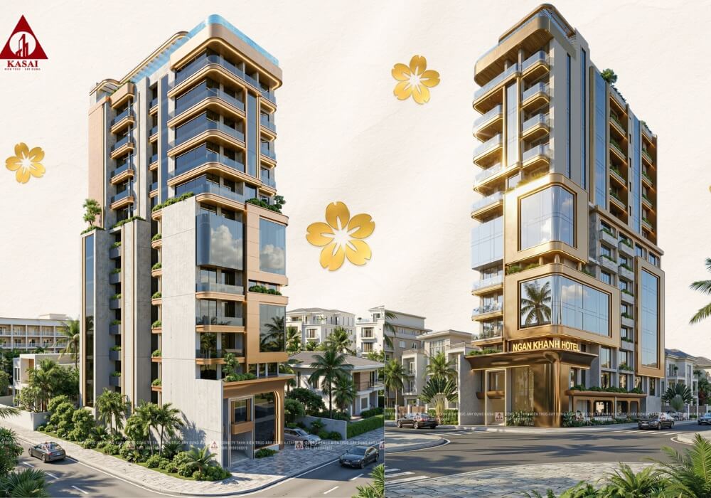 Thiết kế khách sạn nổi bật giữa phố với mặt kính và sắc vàng sang trọng