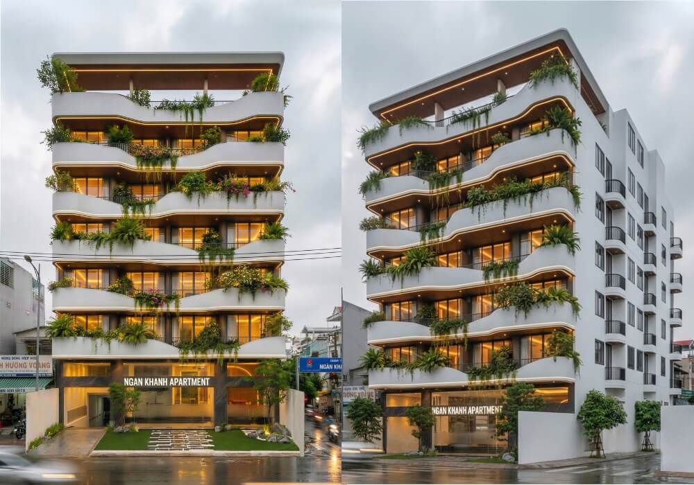 Căn hộ 7 tầng với mặt tiền uốn lượn phủ xanh ấn tượng