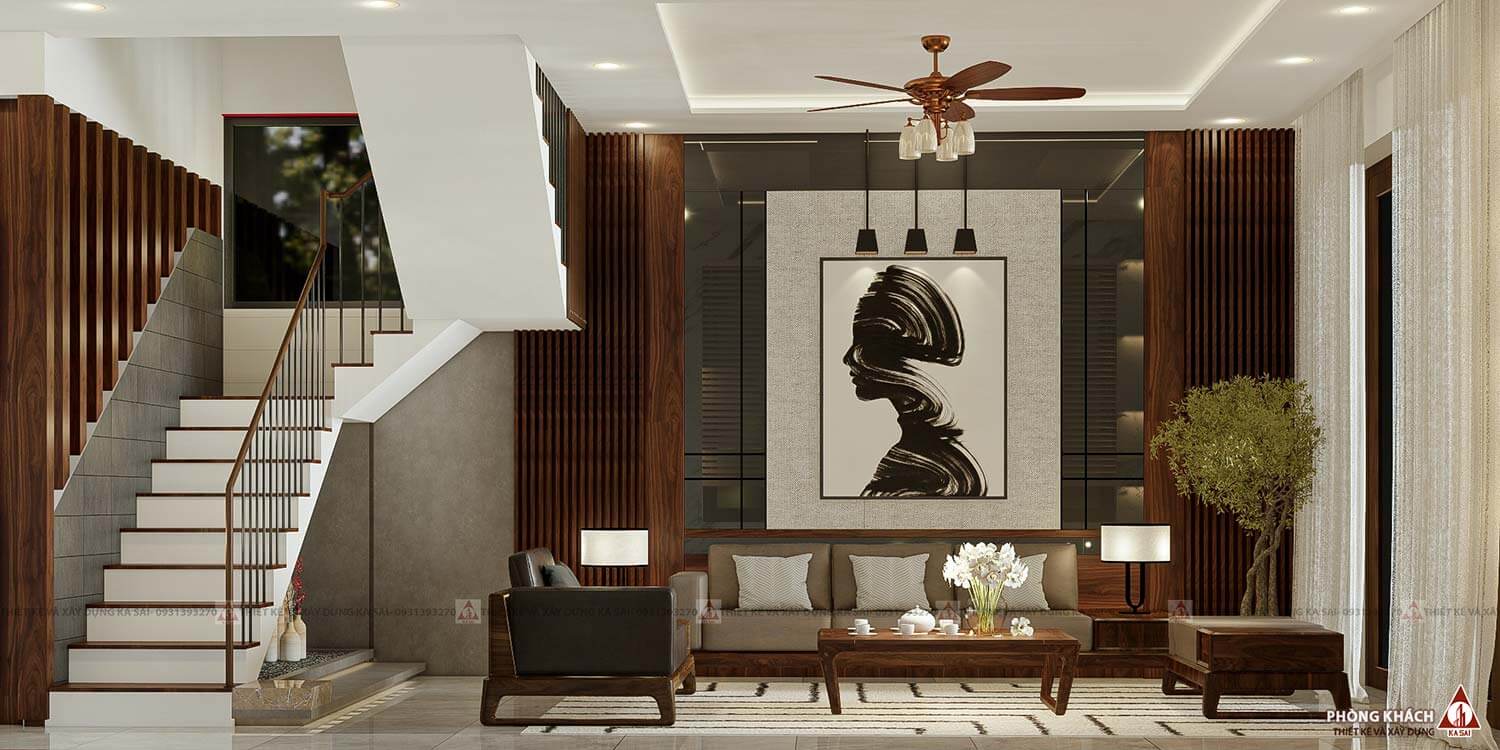 Phòng khách biệt thự mái Nhật 11mx17m 2 tầng