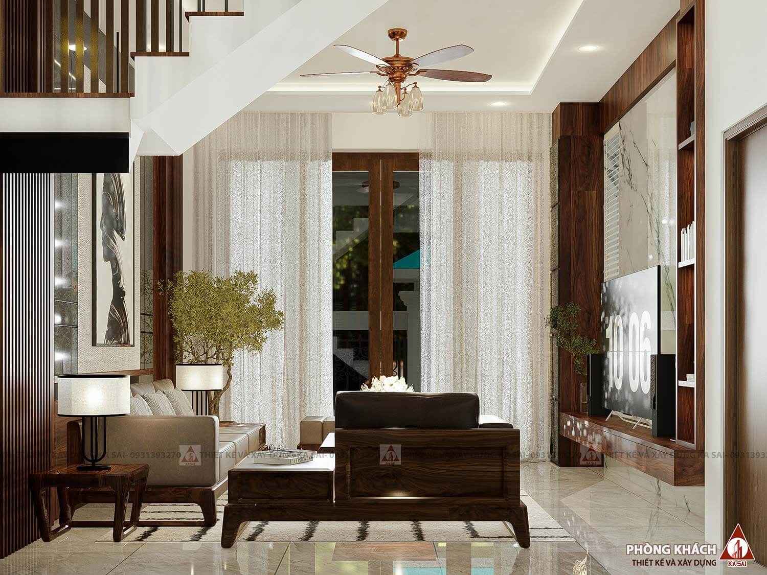 Phòng khách biệt thự mái Nhật 11mx17m 2 tầng