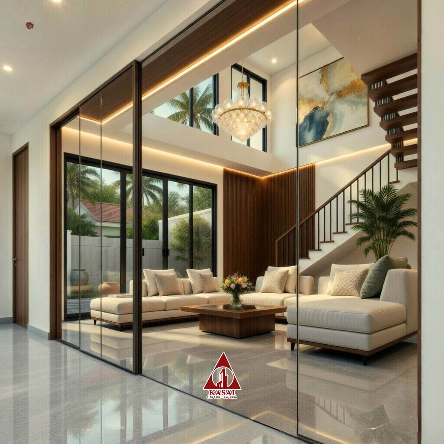 Phòng khách biệt thự mái Nhật 11mx17m 2 tầng