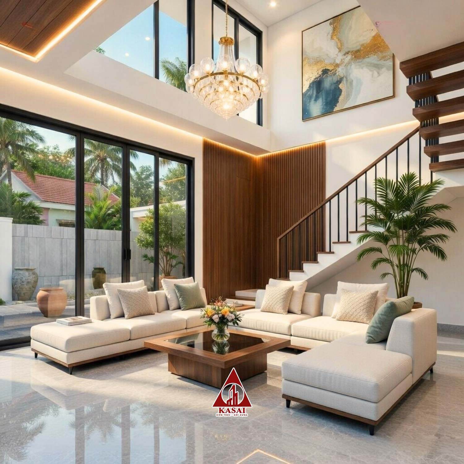 Phòng khách biệt thự mái Nhật 11mx17m 2 tầng