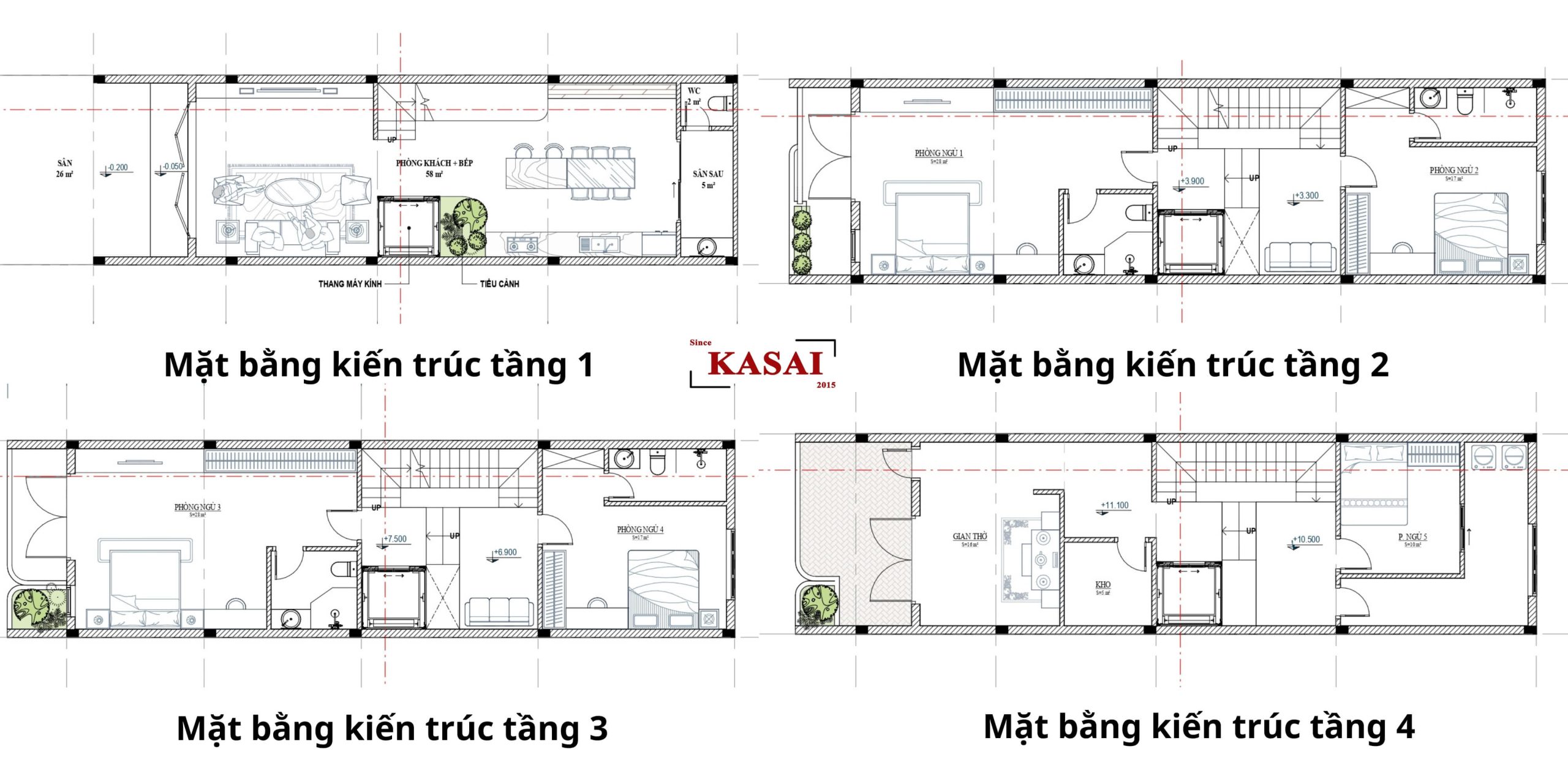 Bản vẽ thiết kế mẫu nhà 4 tầng mặt tiền 5m x 20m