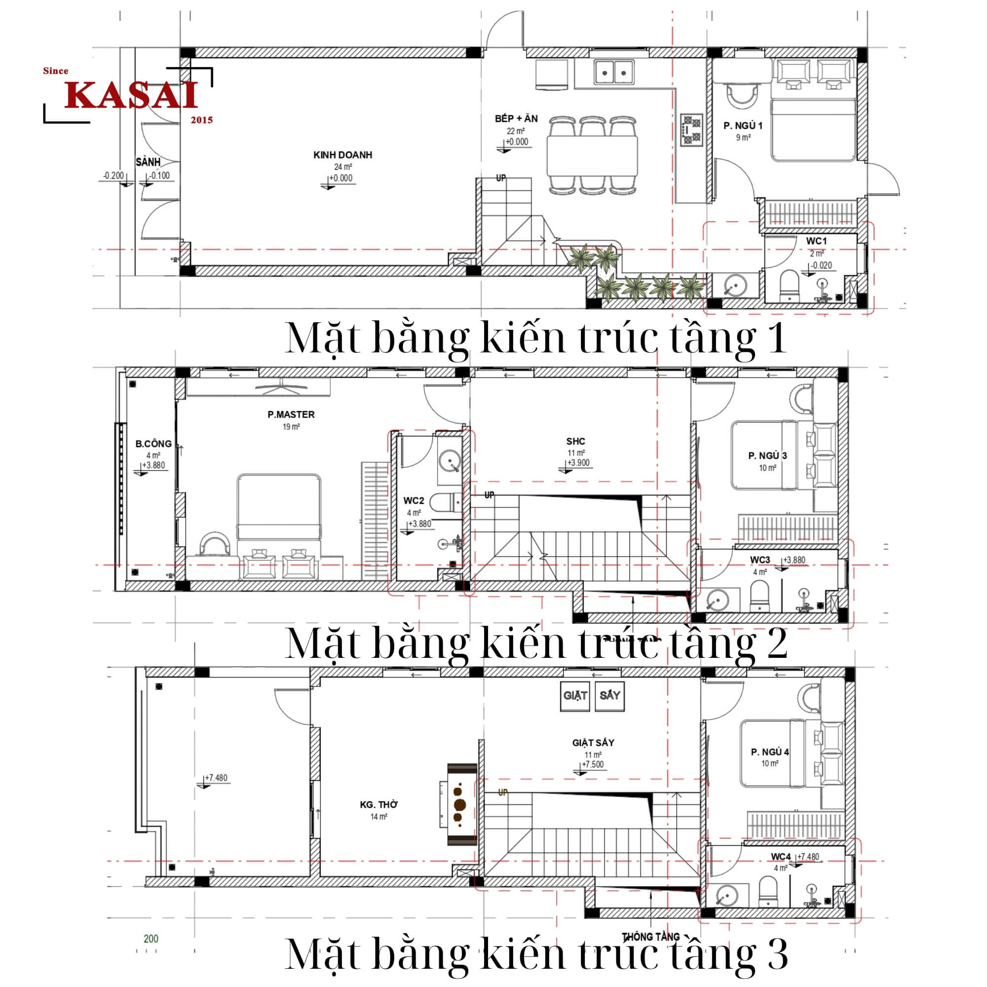 Mẫu nhà ống 3 tầng 80m2 4 phòng ngủ