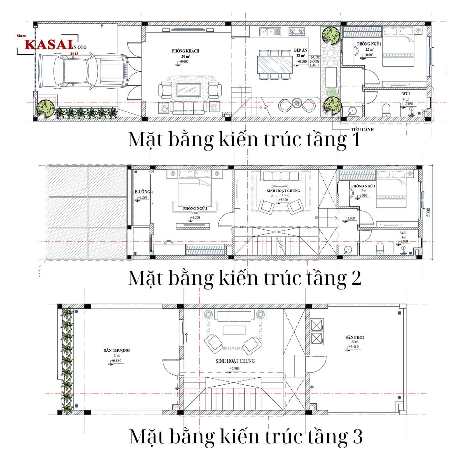 Mẫu nhà ống 3 tầng 80m2 3 phòng ngủ
