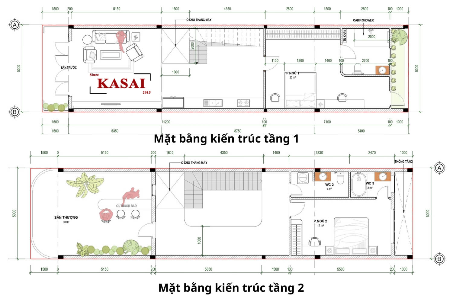 Bản vẽ thiết kế nhà 2 tầng tân cổ điển 5x20m