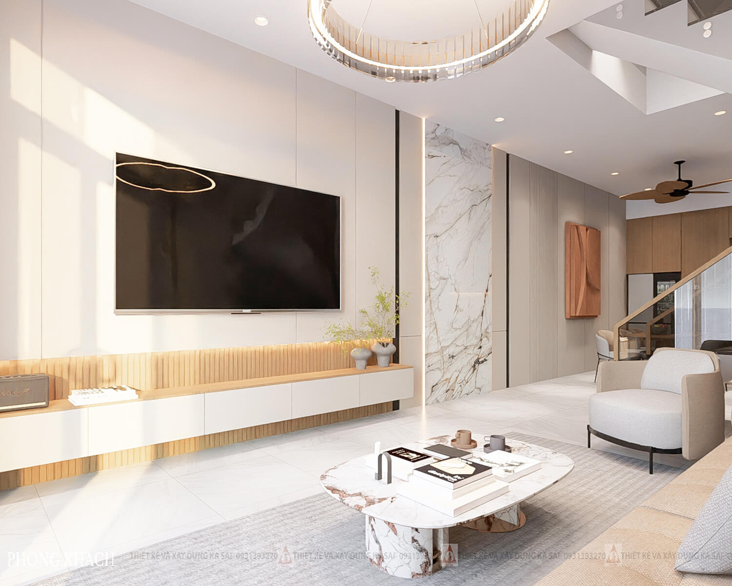 Phòng khách nhà 2 tầng tân cổ điển 5x20m